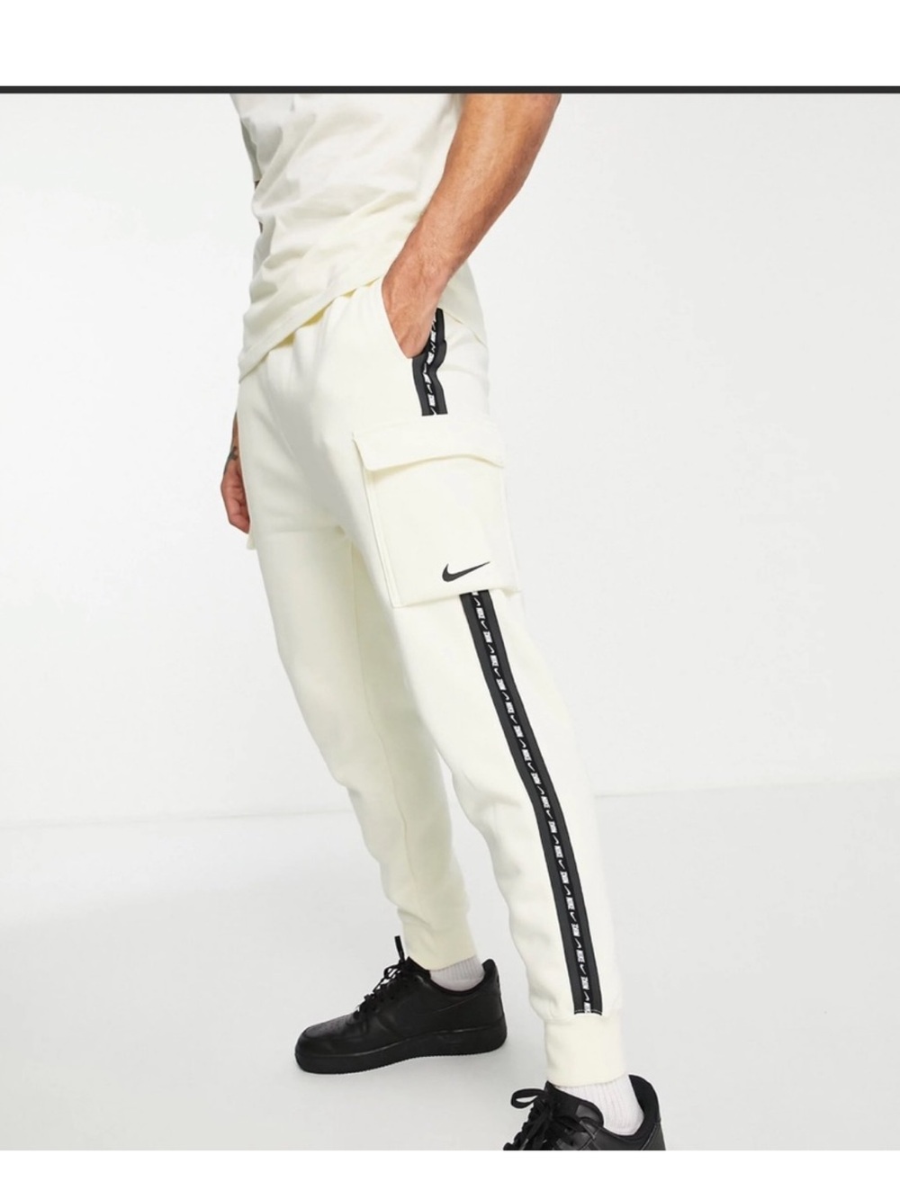 Nike Repeat Pack logo taped cargo joggers in off white